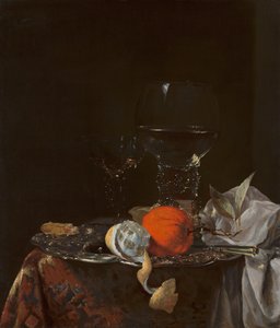 Stilleben med frugt og glas på et sølvfad